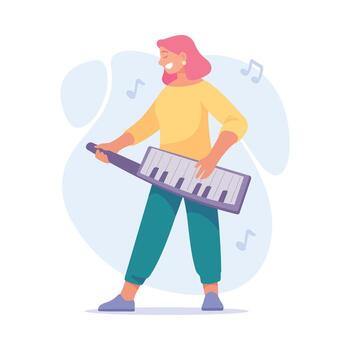 A person is joyfully playing a keytar, expressing happiness and creativity through music vector