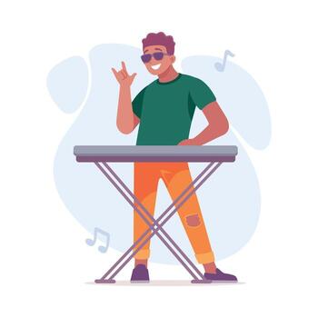 An Enthusiastic Musician Playing the Keyboard with Unique Style and Passion for Music vector