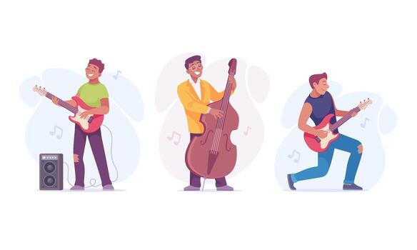 Dynamic and Passionate Musicians Skillfully Playing Various Instruments in a Vibrant Style vector