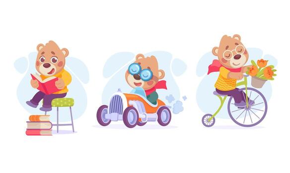 An Adventurous and Playful Bear Character Enjoying Various Hobbies and Fun Activities vector