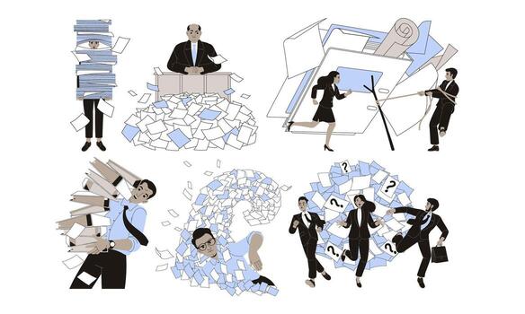 Various Illustrations Depicting Diverse Business Activities in the Modern Workplace Setting vector
