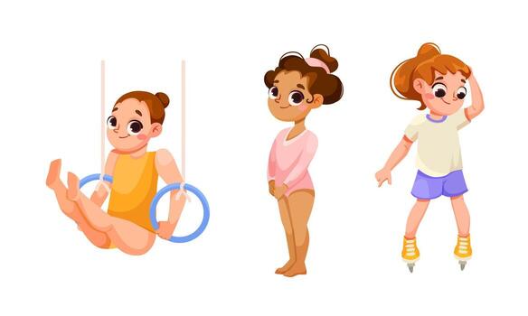 dinámica joven gimnastas mostrando un vasto formación de varios poses y se mueve con energía vector