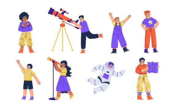 A Variety of Diverse Characters Engaging in Exciting Science and Exploration Activities vector