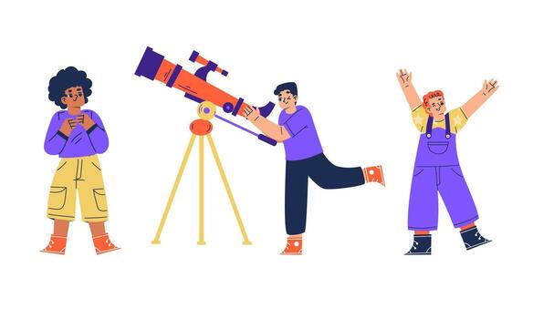 explorador el universo con cerca amigos utilizando un telescopio para estudio de las estrellas aventuras vector