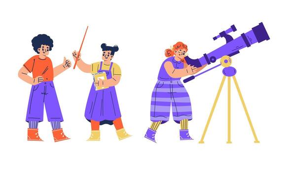 Curious and imaginative explorers engaging in science and discovery through exciting activities vector