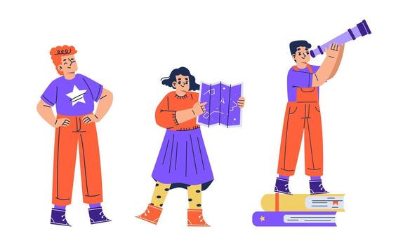 Engaging Creative Characters in the Exciting Pursuits of Learning and Exploration vector