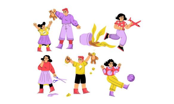 A vibrant mix of characters enjoying playful activities together in joyful settings vector