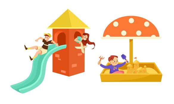 Children Joyfully Playing on a Vibrant and Colorful Playground Featuring a Sandbox and a Slide vector