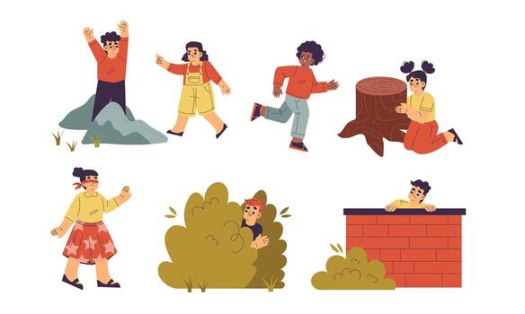 Dynamic and Playful Scenes Depicting Children Having Fun in Nature and Exploring the Outdoors vector