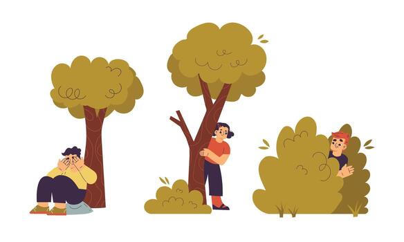 People are joyfully interacting within a vibrant nature scene filled with trees and bushes vector