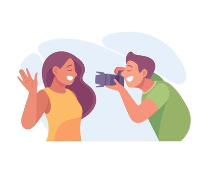 un alegre y alegre retrato foto sesión presentando un fotógrafo y un modelo vector