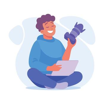 A Creative Photographer Skillfully Editing Stunning Images Using a Laptop in a Modern Workspace vector