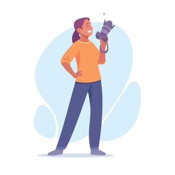 A confident photographer is striking a stylish pose while holding their camera with pride vector