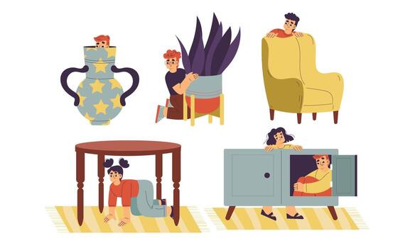Whimsical Indoor Scenes That Feature Unique Furniture Elements and Charming Characters vector