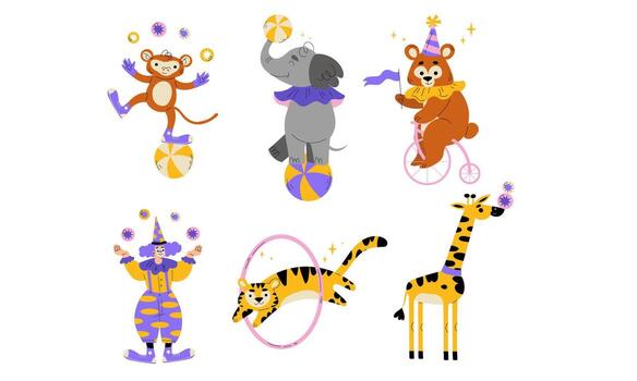 A whimsical and enchanting scene of various circus animals joyfully performing their amazing tricks vector