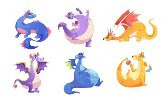 Vivid and Colorful Cartoon Dragons Displayed in Fun Poses with Various Creative Styles vector