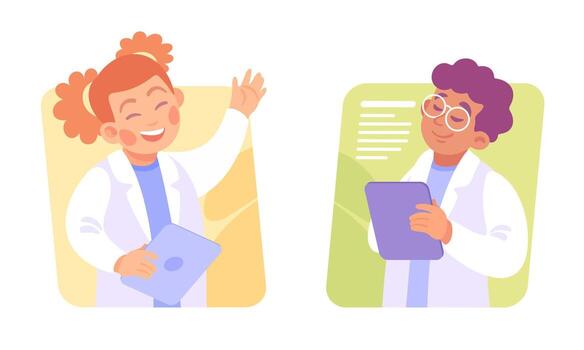 Cheerful Medical Professionals in Lab Coats, showing teamwork and commitment to healthcare vector