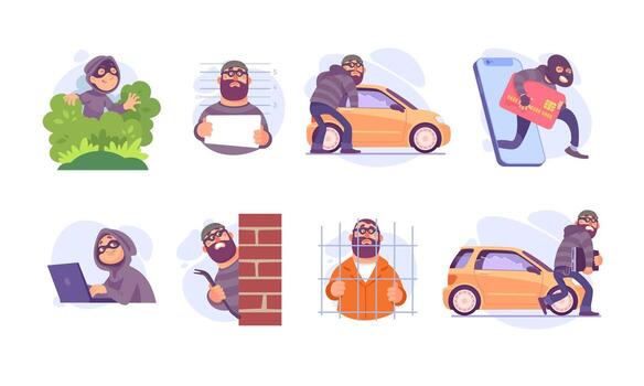 Illustrations depicting concepts related to Burglary and Theft in various styles vector
