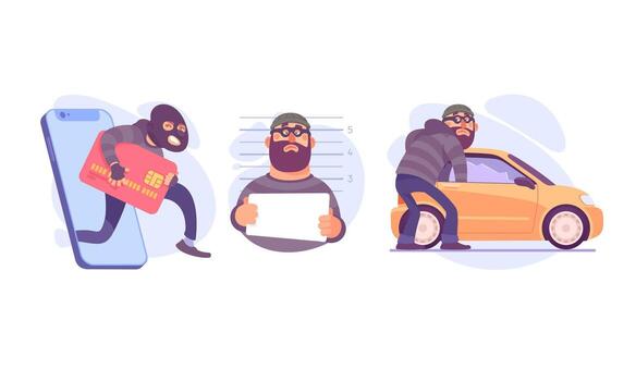 Illustrations focusing on Cyber Theft and Car Theft highlighting various aspects and themes vector