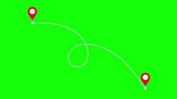 animerad gps resa rutt med två röd plats stift på grön skärm, leverans och navigering väg animering video