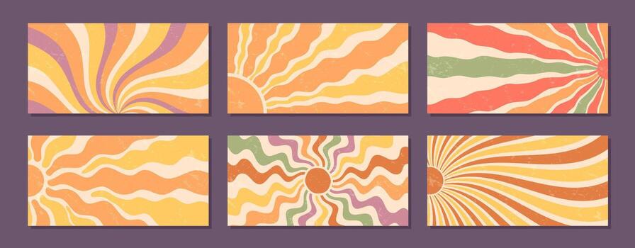 Groovy sun burst set in retro style with wavy orange and yellow pattern brings flat burst and sunshine. Grungy y2k background flat graphic, classic sun sunshine effect, horizontal layout. vector