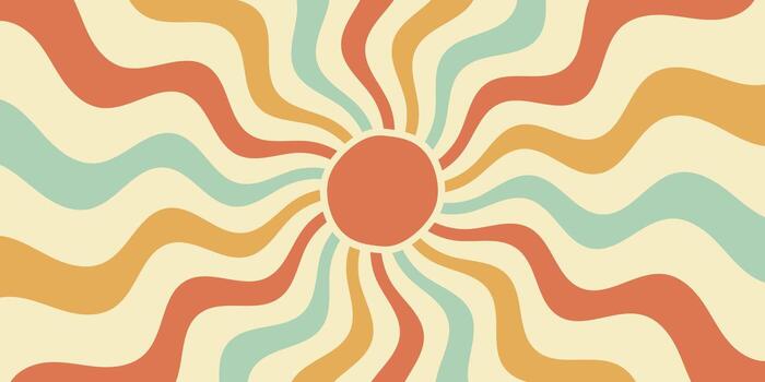 Groovy retro sun burst with sunshine in flat, wavy shapes. Background in orange and yellow, burst and y2k style give a playful look. Horizontal format for cool wallpaper. vector