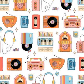 Groovy retro music seamless pattern with cassette and record in pop style. Boombox, y2k radio, and headphones form a nostalgic background as a playful pattern for modern creative wallpaper. vector