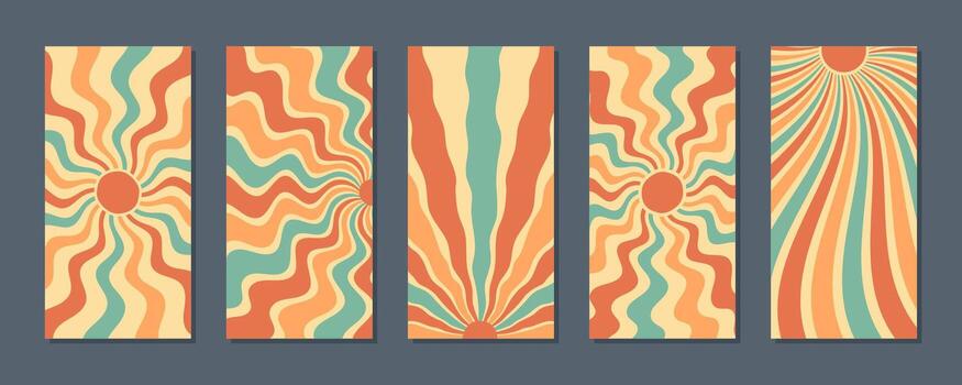 Retro groovy sun burst pattern in abstract style with vertical layout set. Orange and yellow wavy sunshine with y2k inspiration. sun background set creates a vibrant and playful visual effect. vector
