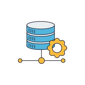 Colorful flat icon representing data processing and management with database and gear symbols vector