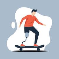 Young boy with bionic leg skateboarding with determination and joy on a blue gray background vector