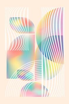 Abstract geometric composition with rainbow gradient and wavy white lines on a light background. Modern minimalism, digital art. vector