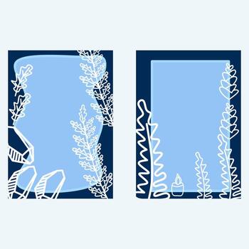 Blue Botanical Frame Background with Hand Drawn Plant and Crystal Elements Minimalist Abstract Template vector