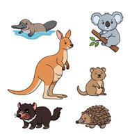 linda dibujos animados ilustración de australiano animales incluso canguro, coala, ornitorrinco, quokka, tasmania demonio, y equidna. divertido fauna silvestre diseño para niños y educación vector