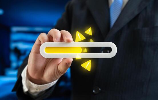 Progress bar in the middle warns of a threat. Efficiency problems. Declining liquidity and melting financial resources. Business risk, lack of contracts, market slowdown, economic instability. photo