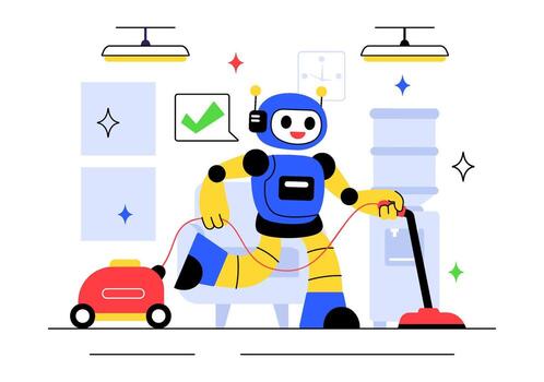 Robotics and Automation Illustration Featuring Robots Assisting People in Daily Activities vector