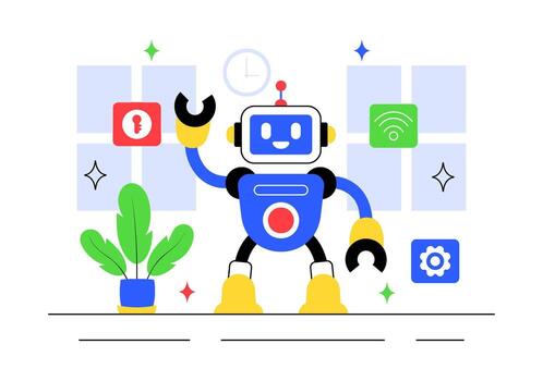 Everyday Robotics Illustration with Automated Systems for Human Support and Remote Control vector