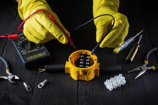 An electrician uses a tester to check the contacts in the yellow junction box. Working environment in the master workshop photo