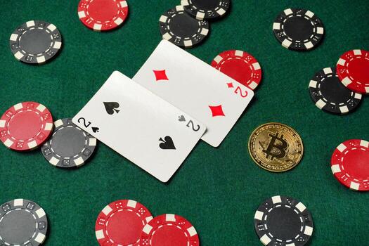 Two playing cards showing a pair of twos sit among scattered poker chips on a green felt surface, accompanied by a shiny bitcoin token, suggesting a casual game atmosphere photo