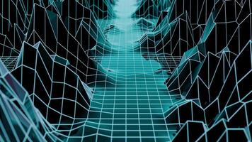 looped animering av trogen 3d rutnät landskap med glansig yta och digital trådmodell berg. neon lysande retro Vinka dal bakgrund med abstrakt cyberrymden terräng. vj slinga , 4k 60 fps video