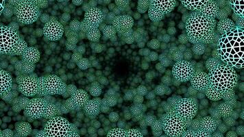 astratto tunnel fatto di raggiante wireframe sfere con turchese griglia modelli su un' buio sfondo. geometrico vortice con tre dimensionale palle spazio la creazione di illusione di infinito profondità. 4k 60fps video