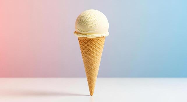 A single perfect scoop of creamy vanilla ice cream sits atop a crisp wafer cone against a beautiful pastel gradient background photo