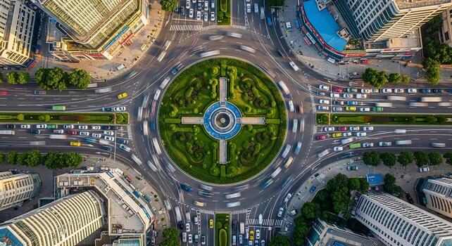 Aerial View of a Busy City Roundabout, Showcasing Traffic Flow and Urban Design photo