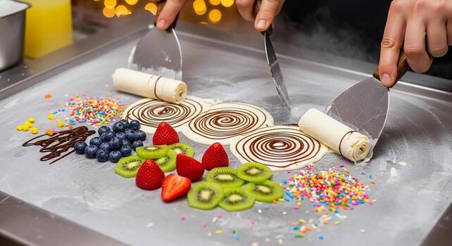 Creating delicious rolled ice cream with fresh fruit and colorful toppings on a cold steel surface photo