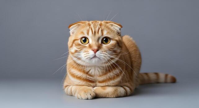Scottish Fold Cat Lying Peacefully on Soft Fabric Studio Surface photo