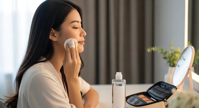 Beautiful Asian Model Using Micellar Water for Skin Cleansing photo