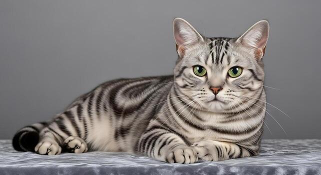 Relaxed American Shorthair Cat Resting on Soft Fabric photo