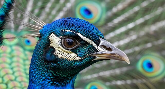 Stunning Peacock Close-Up Showing Colorful Tail Feather Pattern photo