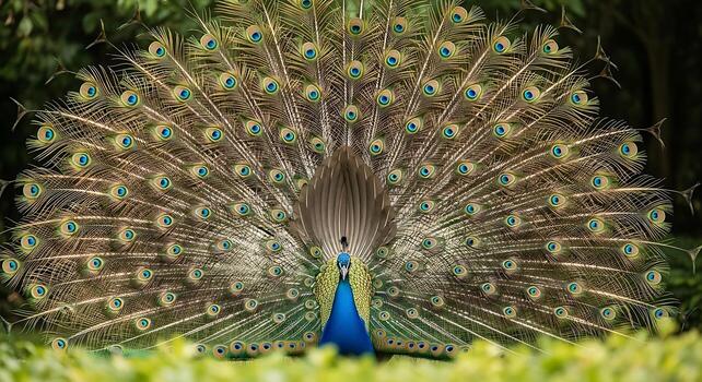 Peacock Resting Gracefully on Edge of Small Pond photo