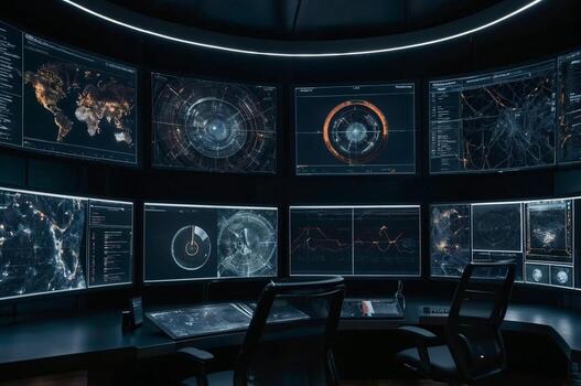 Multiple Computer Screens Displaying AI Neural Network Visualization photo