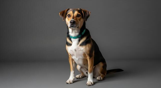 Dog Sitting Near Edge of White Minimal Studio Surface.jpeg photo